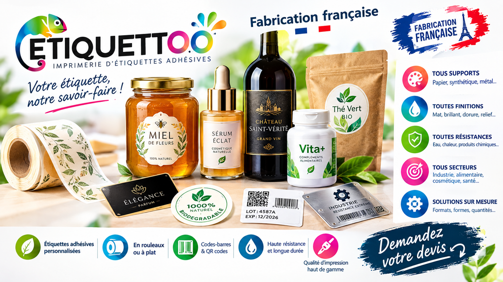 ETIQUETTOO est une imprimerie française spécialisée dans la fabrication et l’impression d’étiquettes autocollantes et adhésives personnalisées. Nous réalisons des étiquettes adaptées aux besoins des entreprises, de l’industrie, de l’agroalimentaire, de la cosmétique, du packaging, du vin, du luxe et de nombreux autres secteurs.