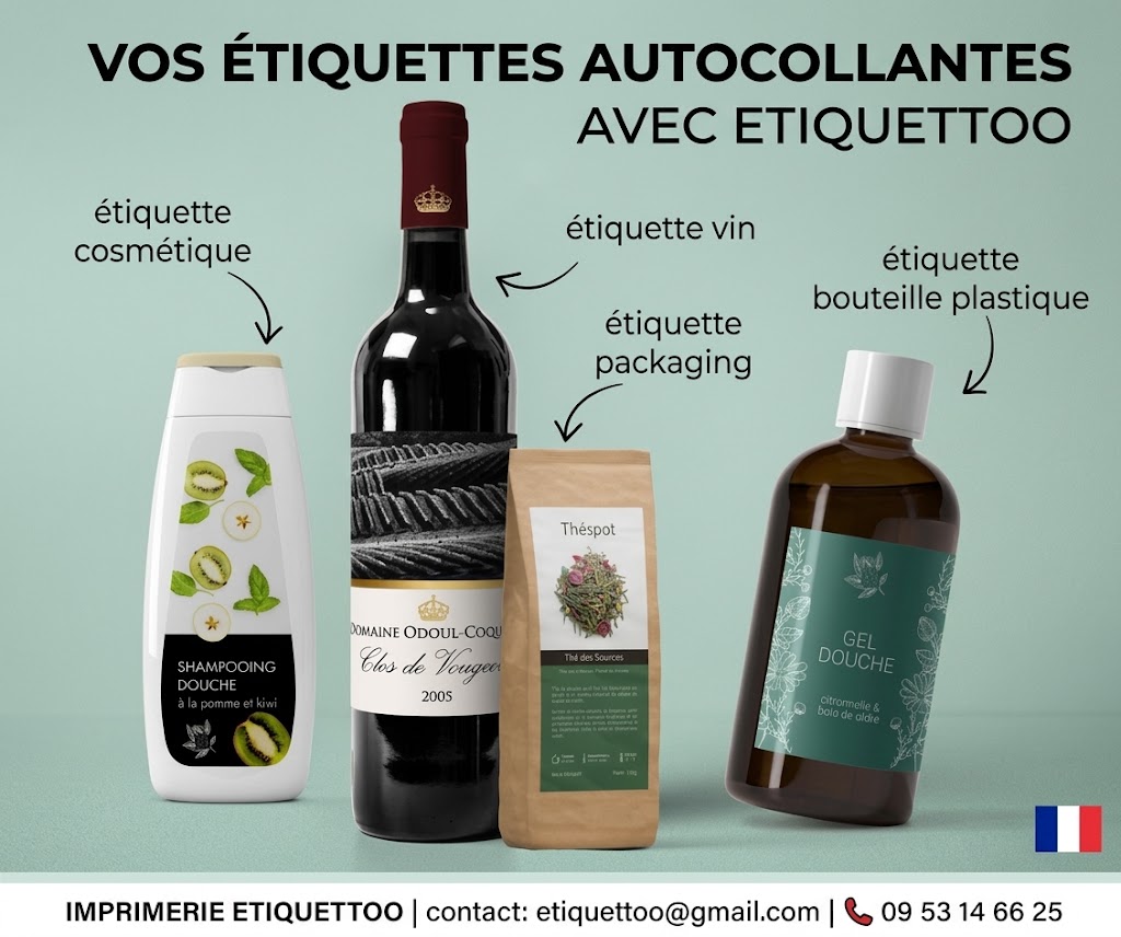 Etiquettoo présentant une gamme d'étiquettes adhésives sur mesure (vin, cosmétique, gel douche, packaging kraft)