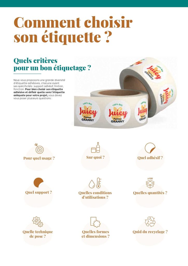 RECHERCHE ÉTIQUETTES AUTOCOLLANTES : Je recherche une étiquette adhésive personnalisée pour , destinée à être collée sur [ Format [DIMENSIONS], forme [FORME]. Conditions : [EAU / HUMIDITÉ / CHALEUR / FROID / PRODUITS CHIMIQUES / EXTÉRIEUR]. Je souhaite [POSE MANUELLE / AUTOMATIQUE], en [ROULEAU / À PLAT]. Proposer le meilleur SUPPORT + ADHÉSIF + IMPRESSION + FINITION, avec une solution économique, standard et premium. 