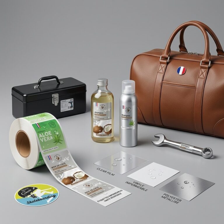 étiquettes ultra-résistantes à l'eau et aux manipulations, appliquées sur divers produits (flacons cosmétiques, bouteille en verre, boîte à outils métallique et sac de voyage en cuir