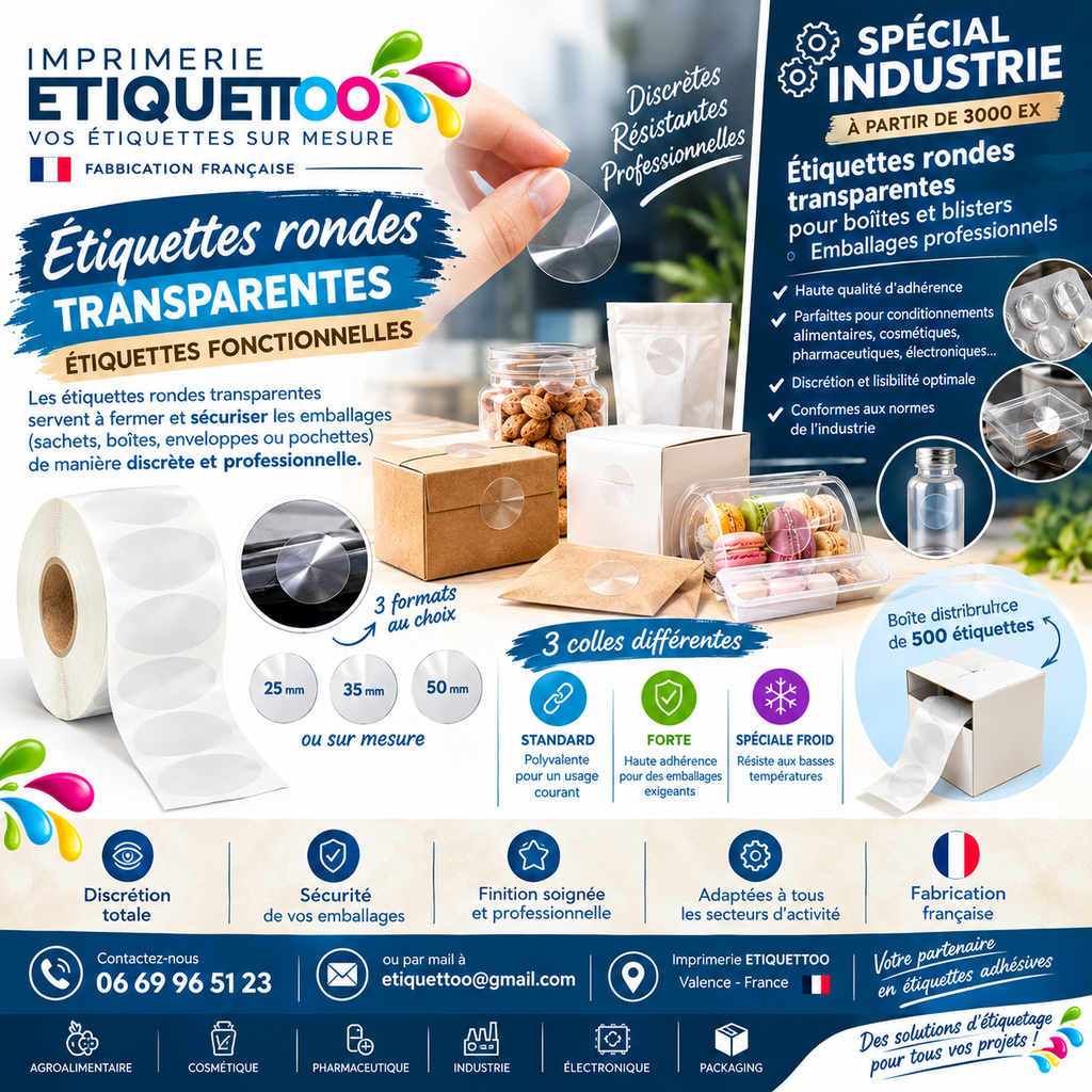 Étiquettes Rondes Transparentes pour Boîtes et Blisters